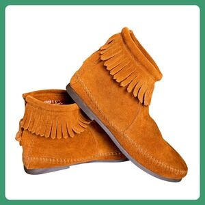 Minnetonka 282 Back Zip Softsole Boot Women 7 Brown Suede Fringe Moccasin Ankle